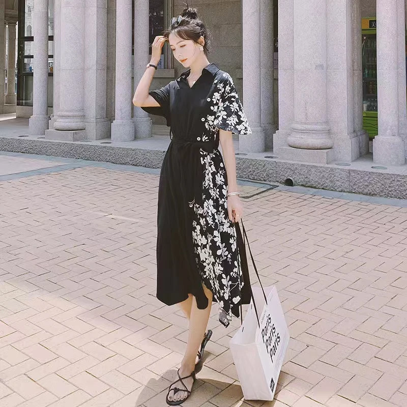 2023法式黑色衬衫连衣裙女春夏设计感小众新款轻熟风收腰长裙