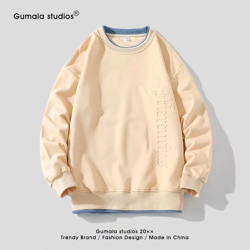 4747 圆领卫衣男士上衣服潮牌男生假两件无帽加绒长袖