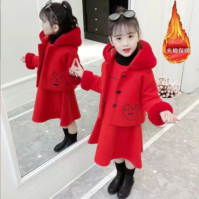 女童毛呢连帽套装洋气小女孩红色秋冬新款加厚韩版冬季儿童保暖服
