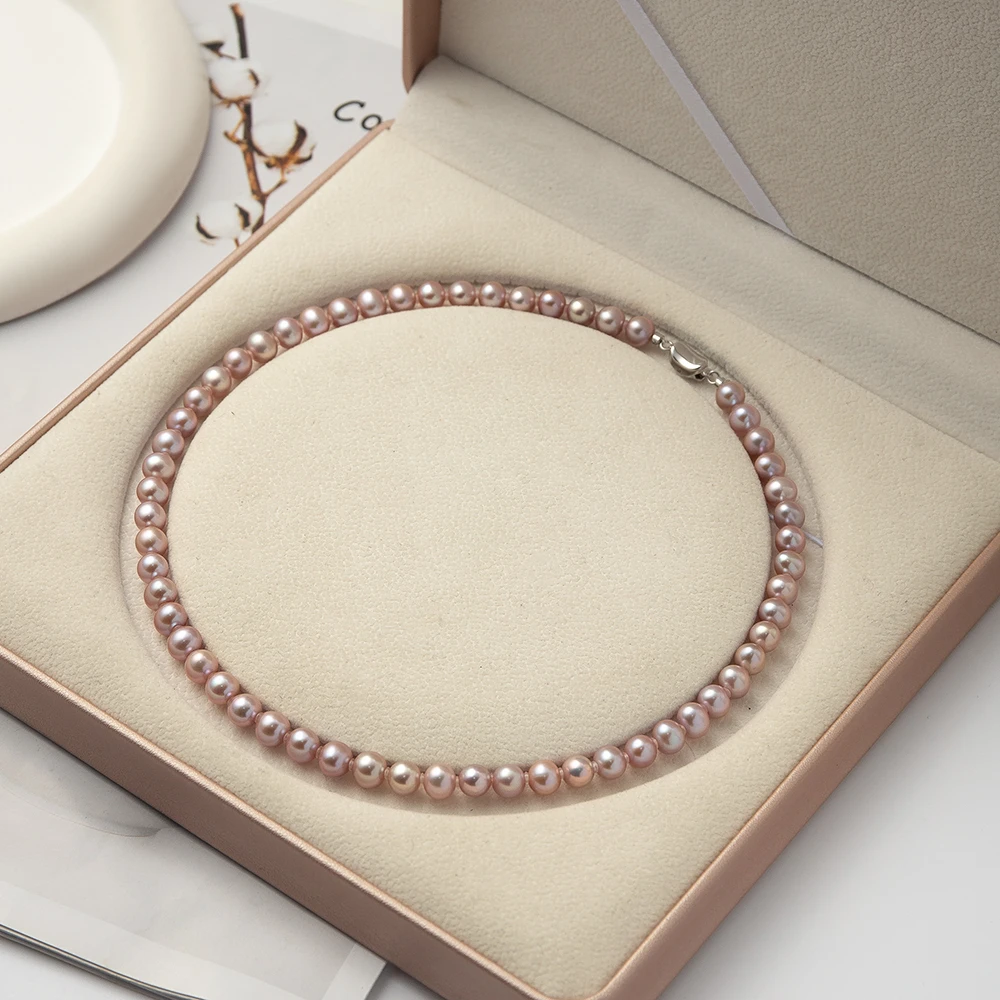 7-8mm 淡水无核紫色极光珍珠项链S925银