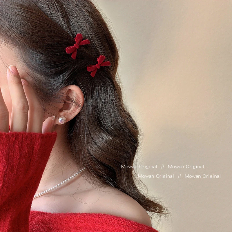 圣诞节日红色植绒蝴蝶结公主头发夹女前额刘海夹边夹可爱甜美发卡