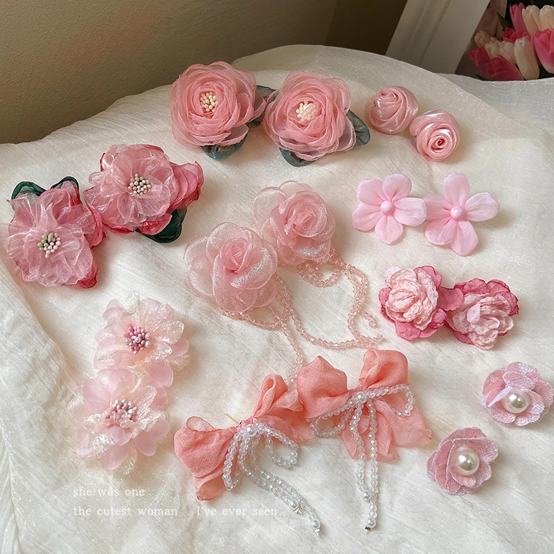 非金属布艺耳饰 粉色玫瑰花耳钉女新款蝴蝶结耳环高级感气质耳夹