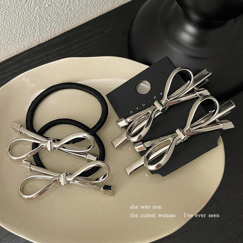 银色金属蝴蝶结发夹女甜酷网红碎发小夹子精致鸭嘴夹侧边发卡头饰