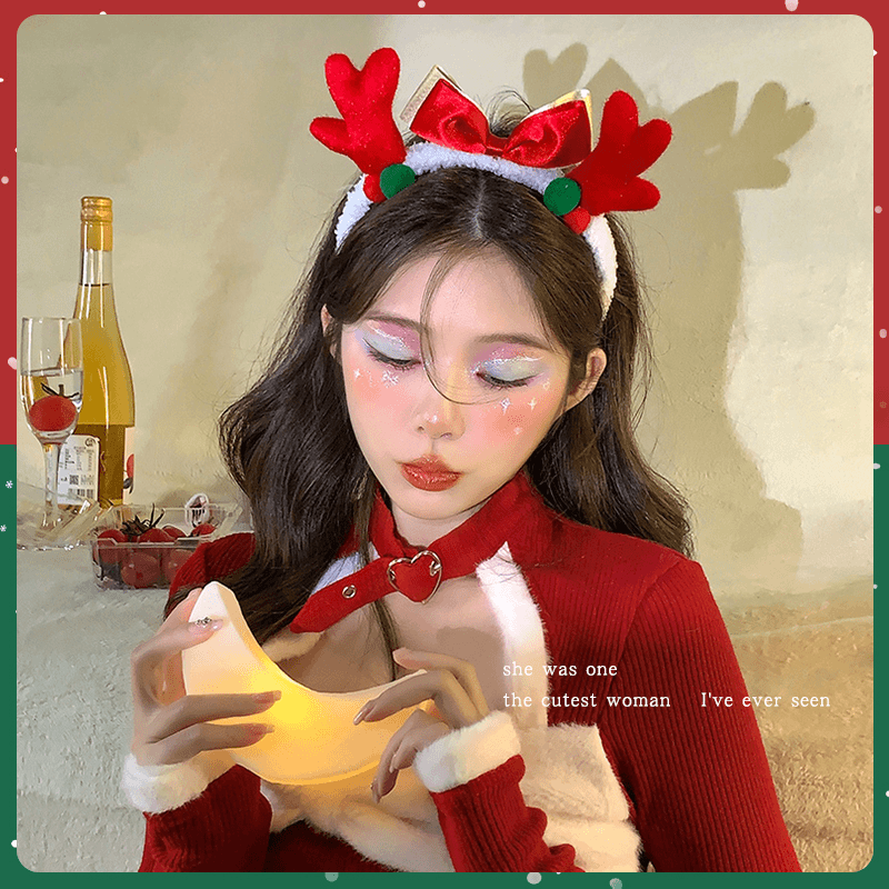 圣诞装饰毛球麋鹿发箍毛绒头箍女可爱蝴蝶结发捆儿童鹿角发卡头饰