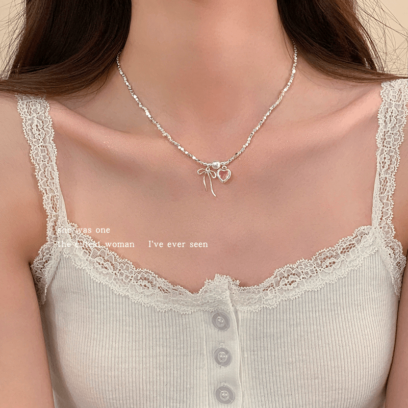 铜锆石项链 甜酷粉爱心碎银子蝴蝶结项链女颈链轻奢锁骨链配饰品~