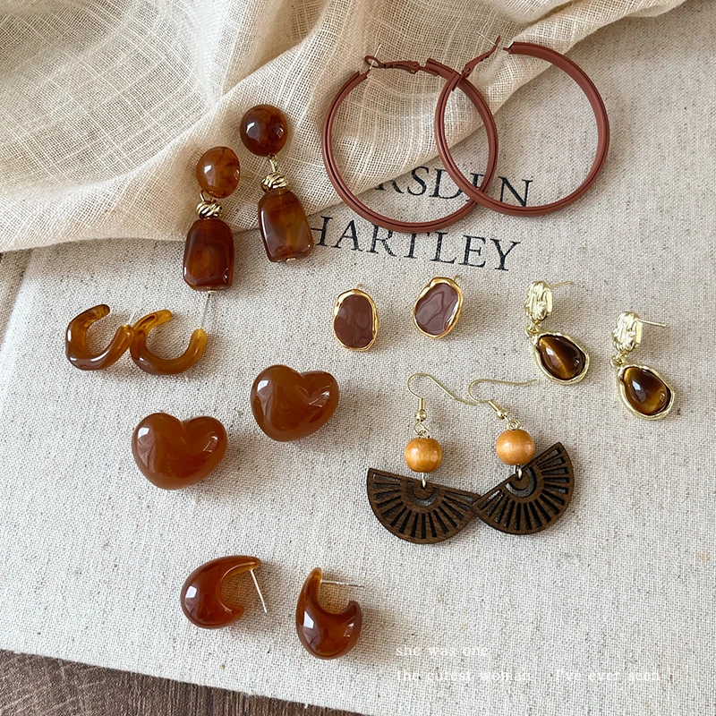 铜合金耳饰 美拉德风温柔耳钉女复古棕色系气质耳环小众耳坠耳圈~