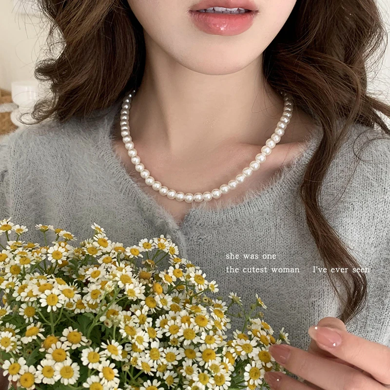 非金属仿珍珠项链 法式慵懒珠珠项链女高级感气质锁骨链毛衣颈链