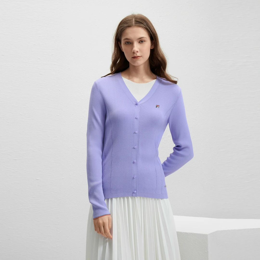 Fila/斐乐秋季新款女士时尚优雅简约知性双面透气小提花编织开衫