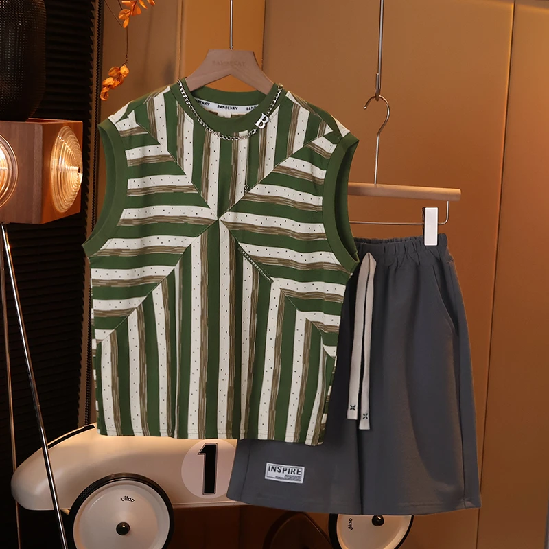 【现货】男童夏季条纹无袖薄款套装背心短裤休闲时尚24儿童C1920
