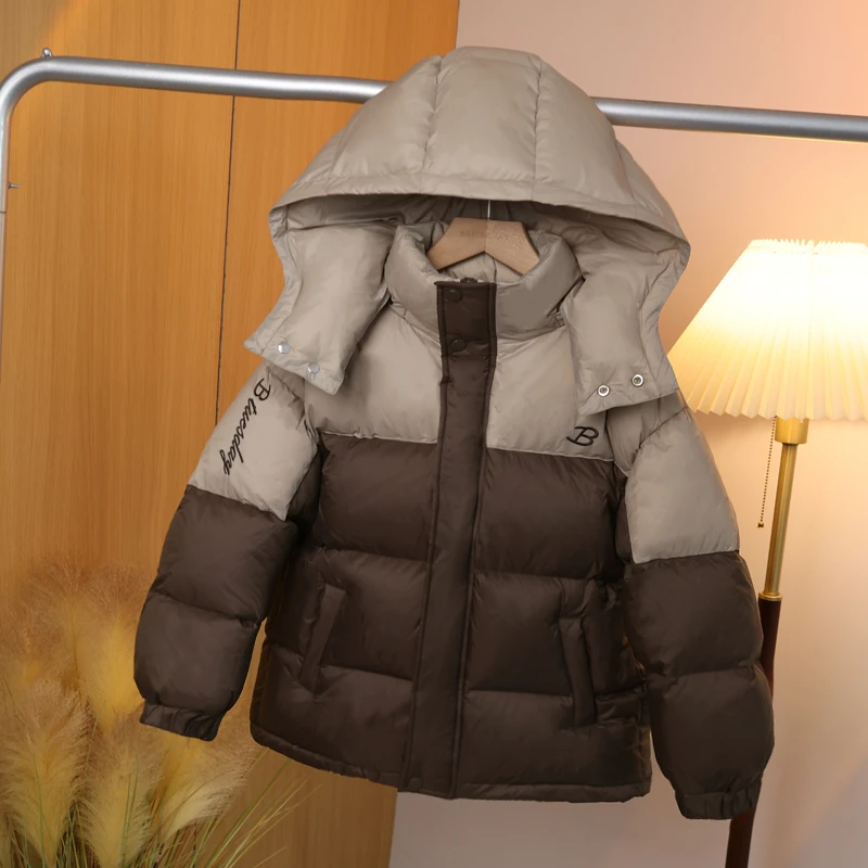 现货【新国标90白鸭绒】男女童连帽奶咖拼接羽绒服2023款亲子C1485.