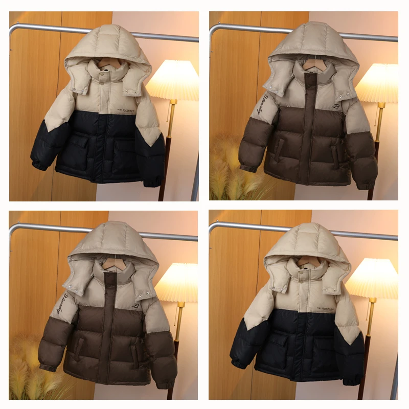 【90白鸭绒羽绒服】男女童年服连帽新国标拼接2023款亲子冬装C1485