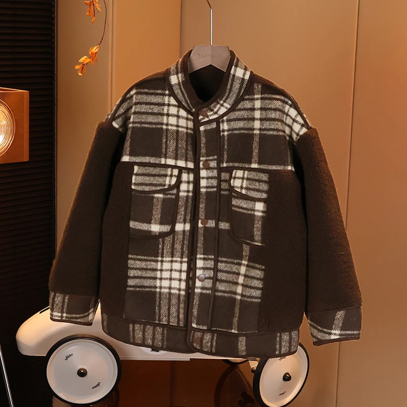 现货【户外毛毛衣外套】潮男童防寒立领冬款格子外套萌娃儿童C2475