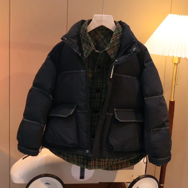 【假两件加厚90白鸭绒】男童格子翻领羽绒服保暖冬装2023新款G5038