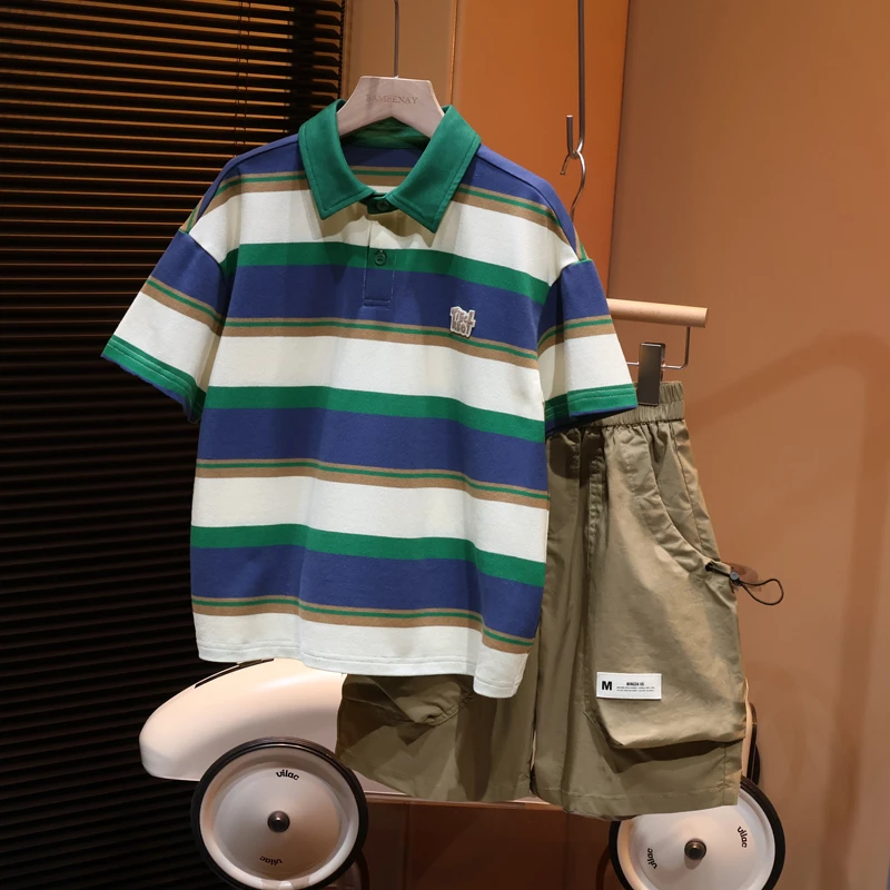 【现货】男童夏季翻领POLO衫条纹T恤半袖汗衫2024新款中大儿童C1642
