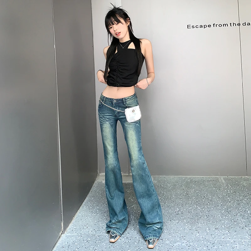 VWU低腰喇叭牛仔裤女美式复古做旧水洗设计感修身显瘦微喇长裤子