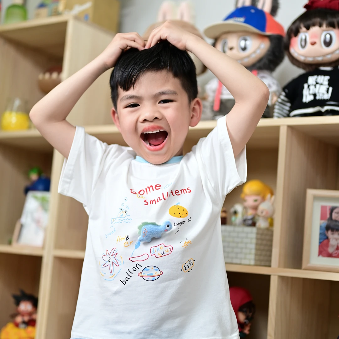 儿童T恤纯棉休闲半袖父亲节印花圆领立体恐龙字母洋气宝宝宽松