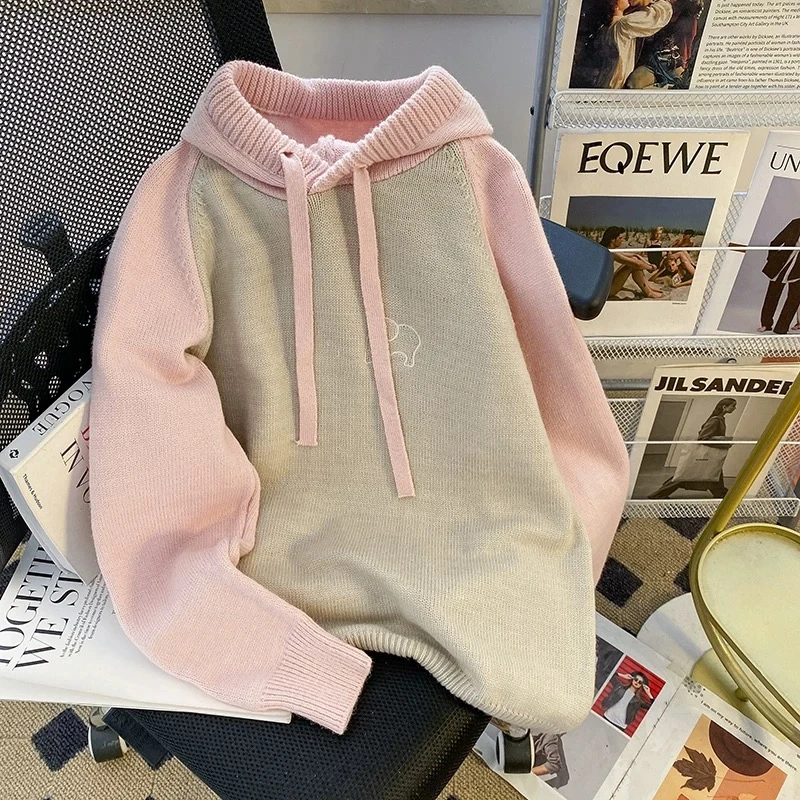 喵【亲子装】女童撞色连帽2024秋冬新款中大童学院风加厚针织连帽衫