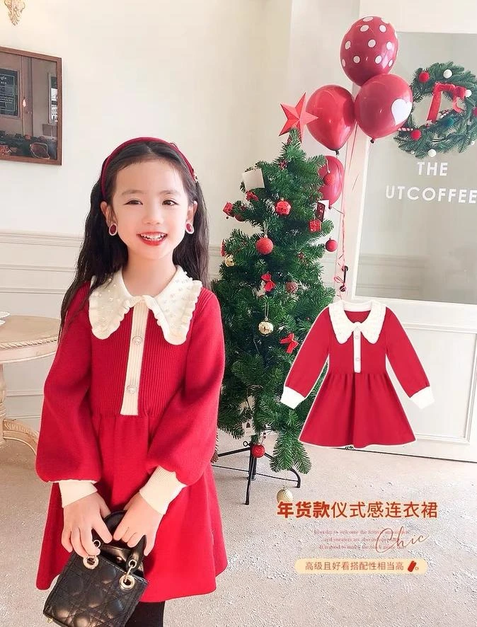 喵【新品】儿童春秋款针织连衣裙2024新款韩版洋气翻领钉珠公主裙