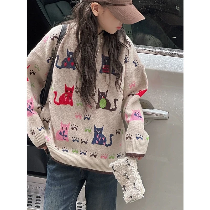 【亲子装】女童毛衣2024秋冬款中大童猫咪提花休闲宽松套头针织衫