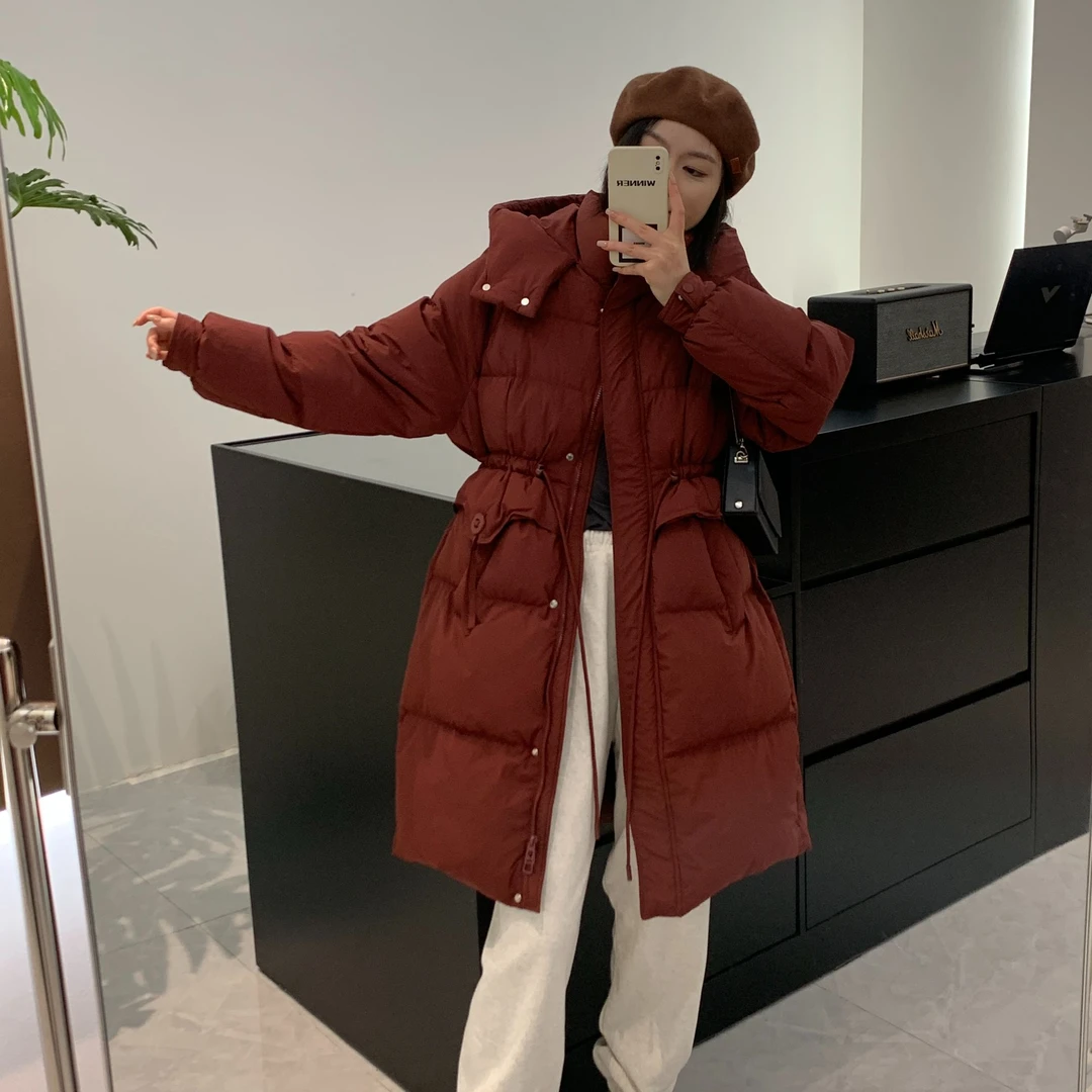 2025新款抽绳收腰羽绒服冬季长款韩版加厚保暖外套高端百搭潮服
