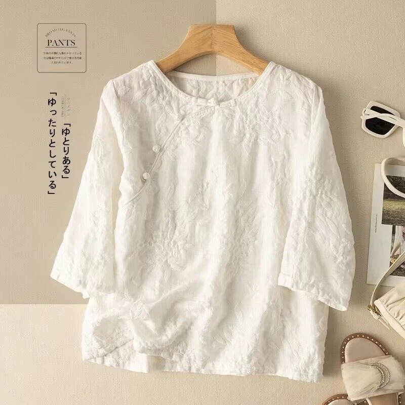 大码夏季七分袖苎麻刺绣雪纺衫女士2025新款复古宽松斜襟亚麻上衣