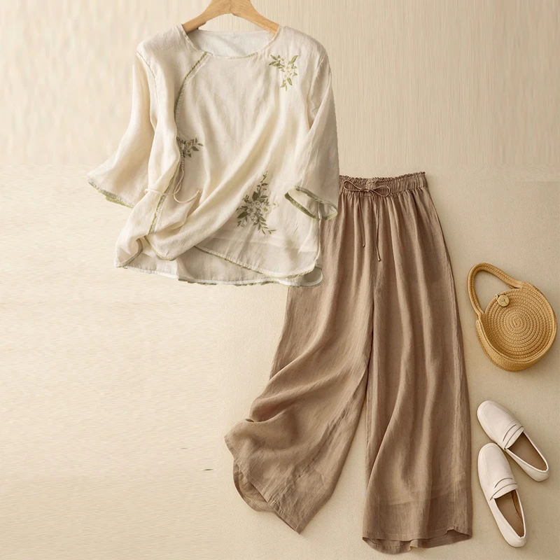 大码夏装新款中老年妈妈棉麻套装女亚麻阔腿裤中式复古休闲两件套