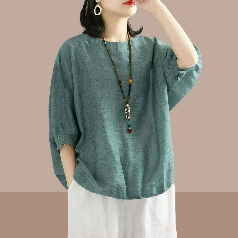 时尚宽松大码休闲装2024夏季新款短袖仿棉麻上衣半袖舒适妈妈T恤