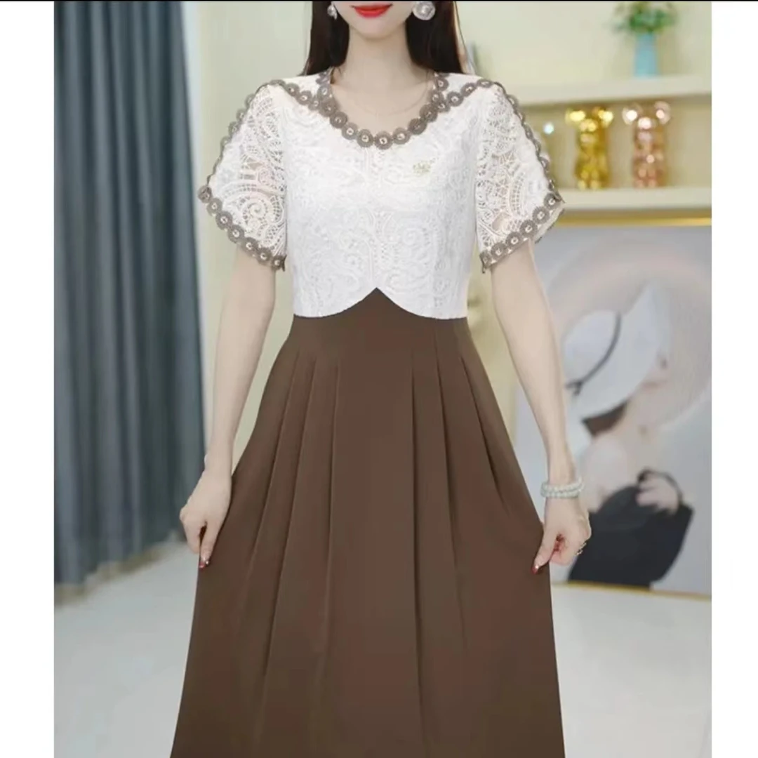 纯色连衣裙女2024年新款夏季圆领短袖拼接舒适棉麻妈妈装压褶裙子