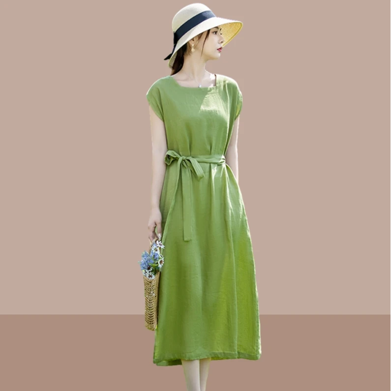 舒适棉麻妈妈大码连衣裙夏薄款新款气质显瘦亚麻复古开叉裙子胖mm