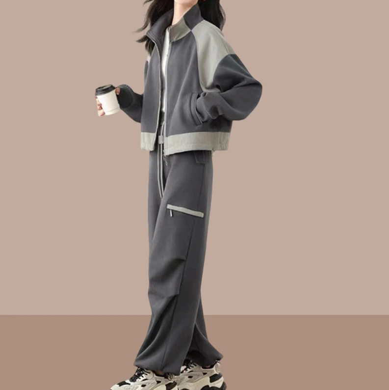 时尚休闲运动服套装女秋冬季高级感拉链卫衣开衫阔腿工装裤两件套