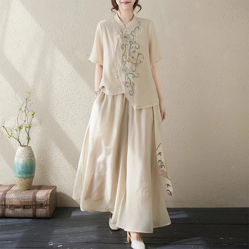 新中式国风套装女士2025夏季新款妈妈洋气时尚休闲棉麻上衣两件套