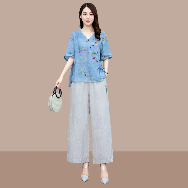 复古印花小衫女夏季2024新款韩版宽松棉麻妈妈装休闲阔腿裤两件套