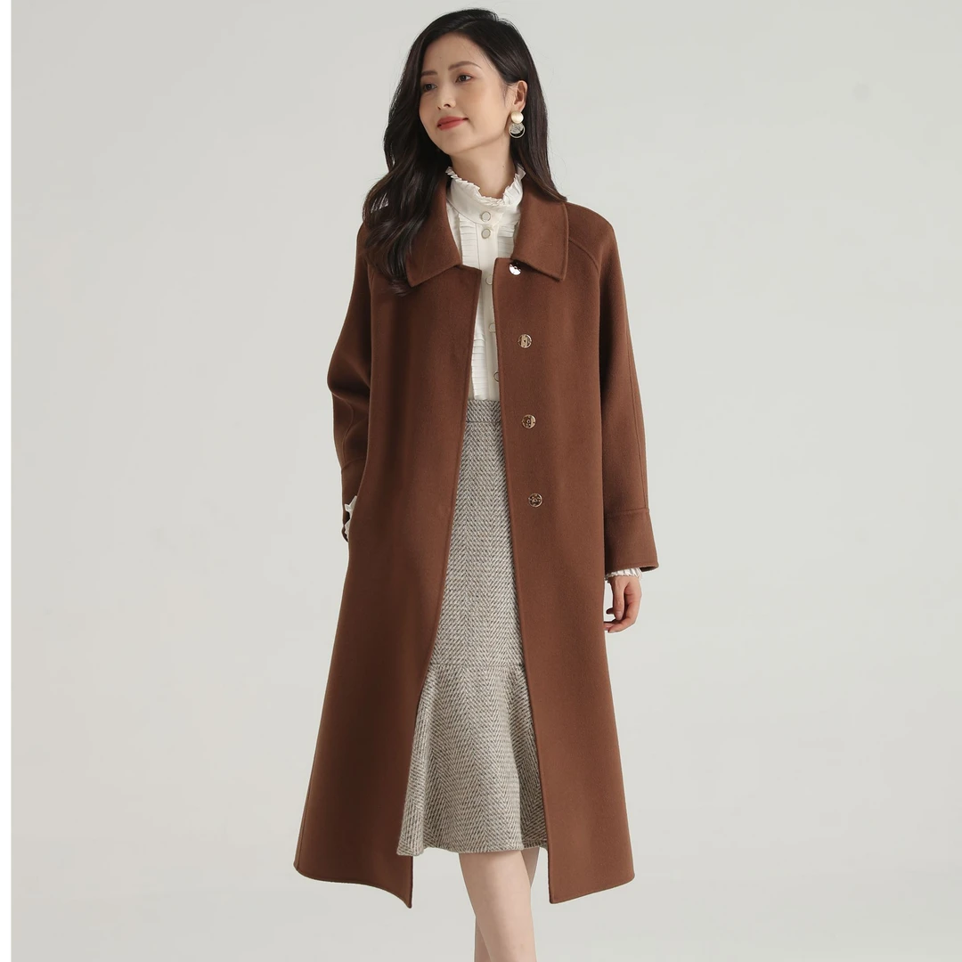 时尚气质秋冬女士长款韩版双面呢廓版纯色翻领毛呢外套2051