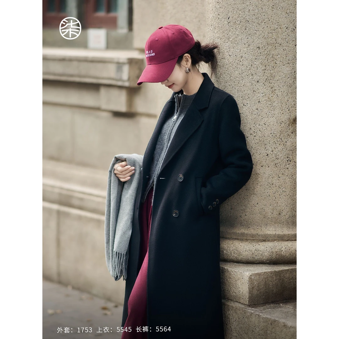 金牌大衣1753柒量一裁小个子黑色双排扣长款双面呢大衣毛呢外套女