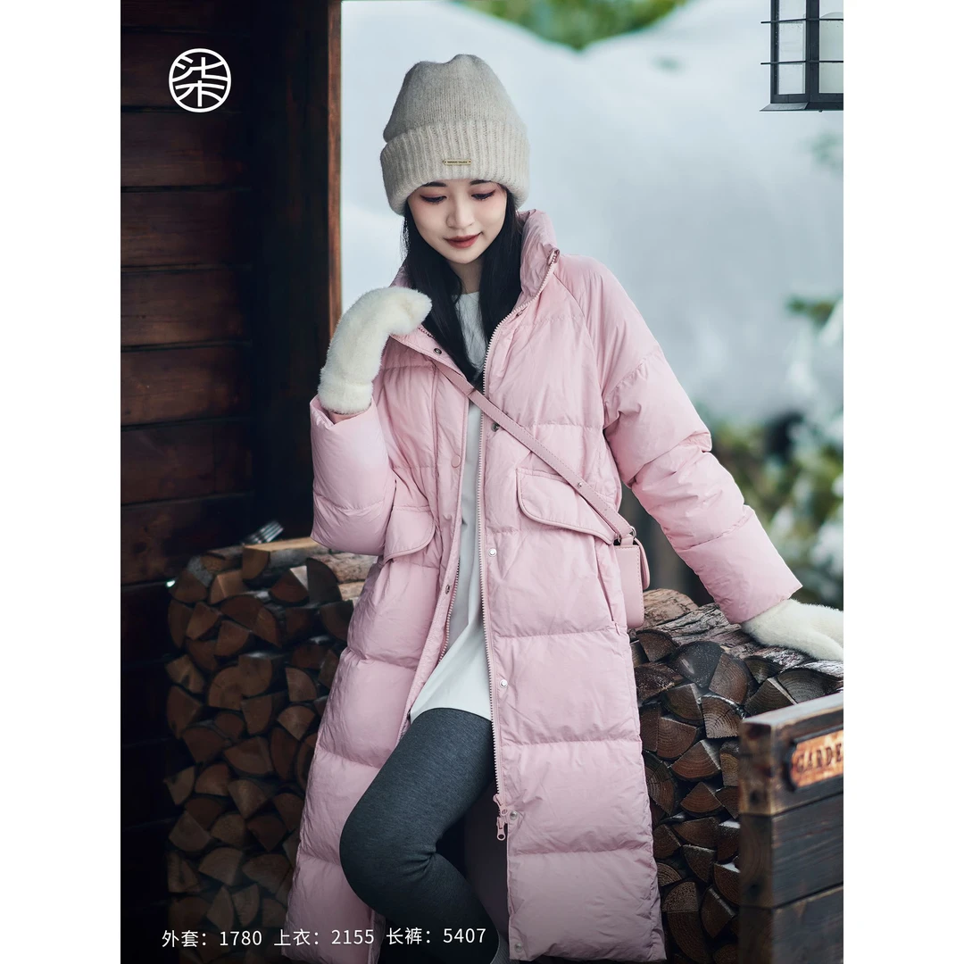 软萌萌1870柒量一裁小个子浅粉色温暖防风袖设计长款羽绒服外套女