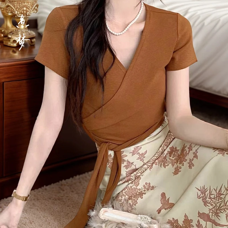 【煮梦】2573小个子绑带短袖上衣+半身裙显瘦气质时尚新中式套装女