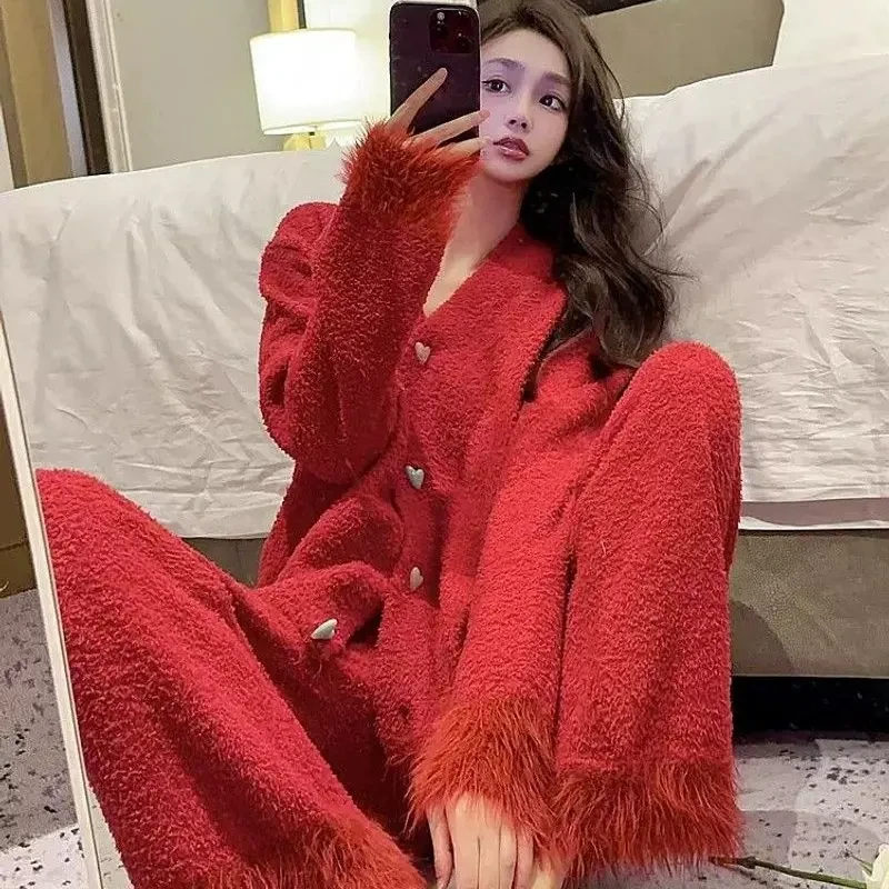 秋冬季保暖半边绒加绒甜美红色高级软绵绵睡衣女家居服套装加厚