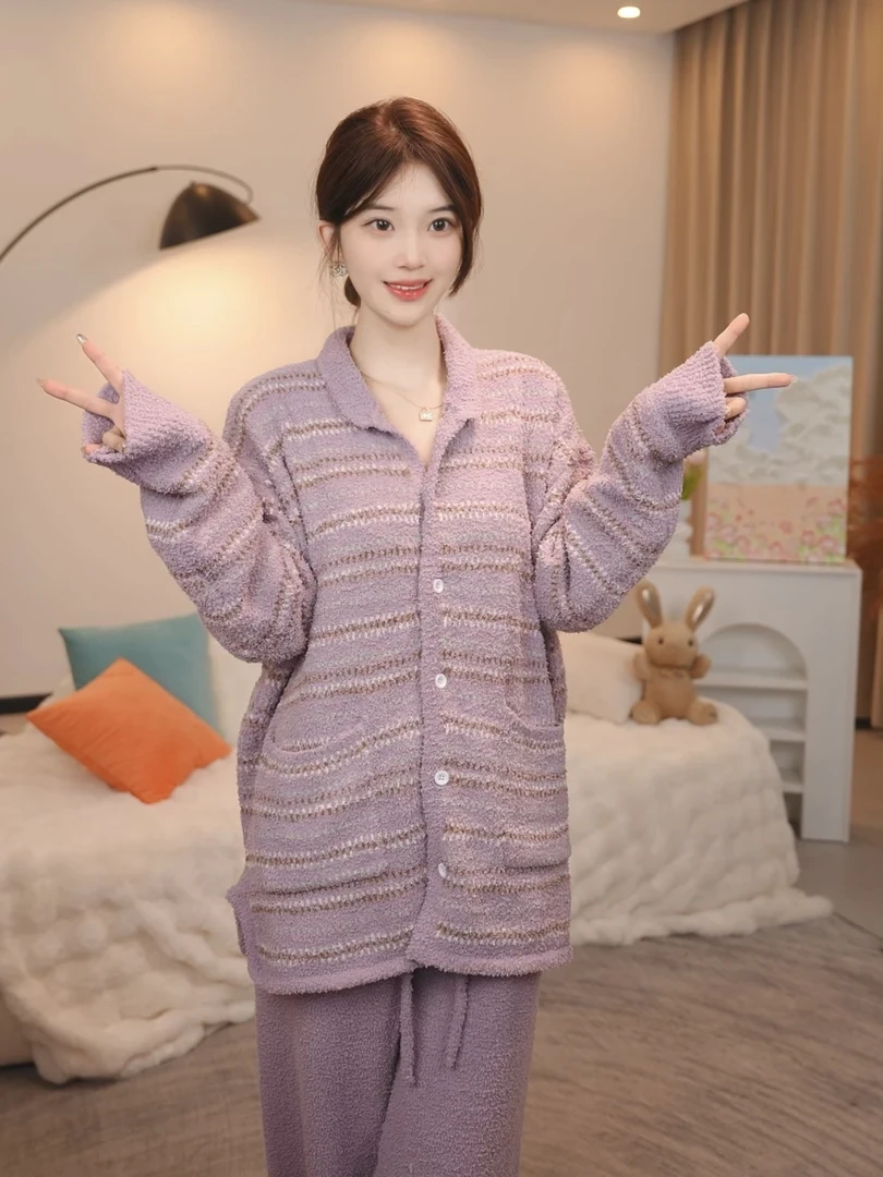 软绵绵网红睡衣女款冬季新款半边绒加厚宽松家居服套装简约大码