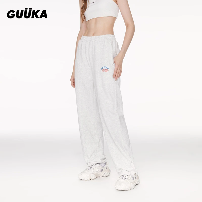 GUUKA灰色拼接卫裤女春季新款线条分割直筒裤抽绳裤脚运动裤S7294