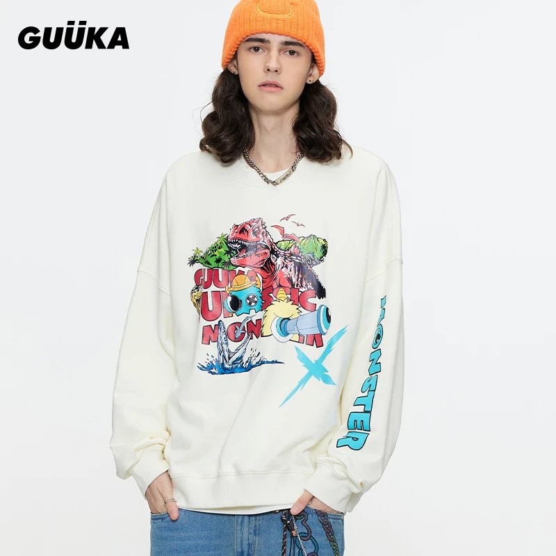GUUKA潮牌奶油白恐龙印花圆领卫衣男春季 小怪兽纯棉廓形上衣宽松
