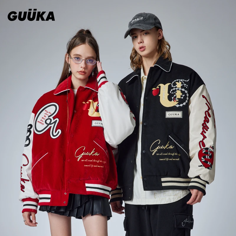 GUUKA美式棒球服男 拼接PU皮棉衣毛绒外套宽松A60920/A60867