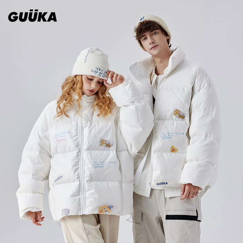 Guuka/古由卡白色高领百搭加厚时尚情侣暖冬季宽松印花立领羽绒服
