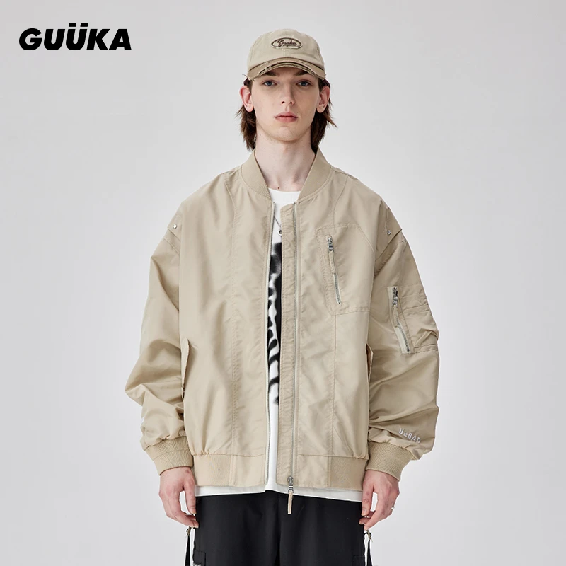 xl/GUUKA浅杏色飞行员夹克男秋季内里插袋坏学生刺绣外套K60317