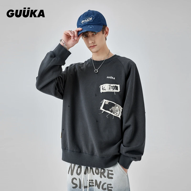 xl/GUUKA潮牌深灰色圆领卫衣纯棉磨破设计插肩袖上衣宽松W7741