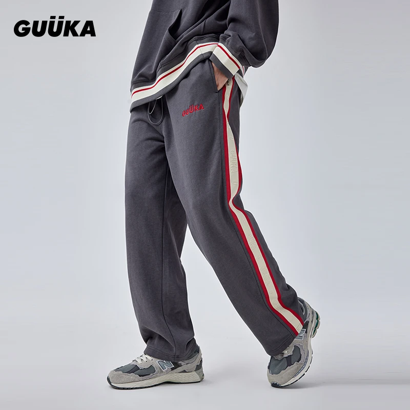 xl/Guuka深灰色卫裤男织带拼接美式复古刺绣直筒裤男生S7380