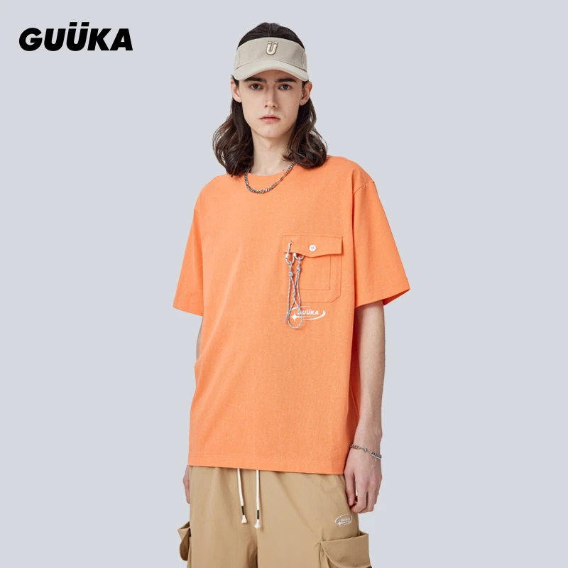 xl/GUUKA男女同款山系橙色短袖T恤纯棉夏季水洗做旧落肩宽松F7458