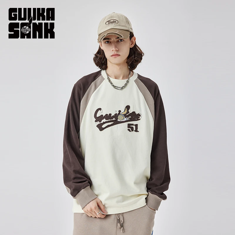 GUUKA&SANK联名长袖重磅T恤纯棉秋美式经典复古插肩袖上衣T7559