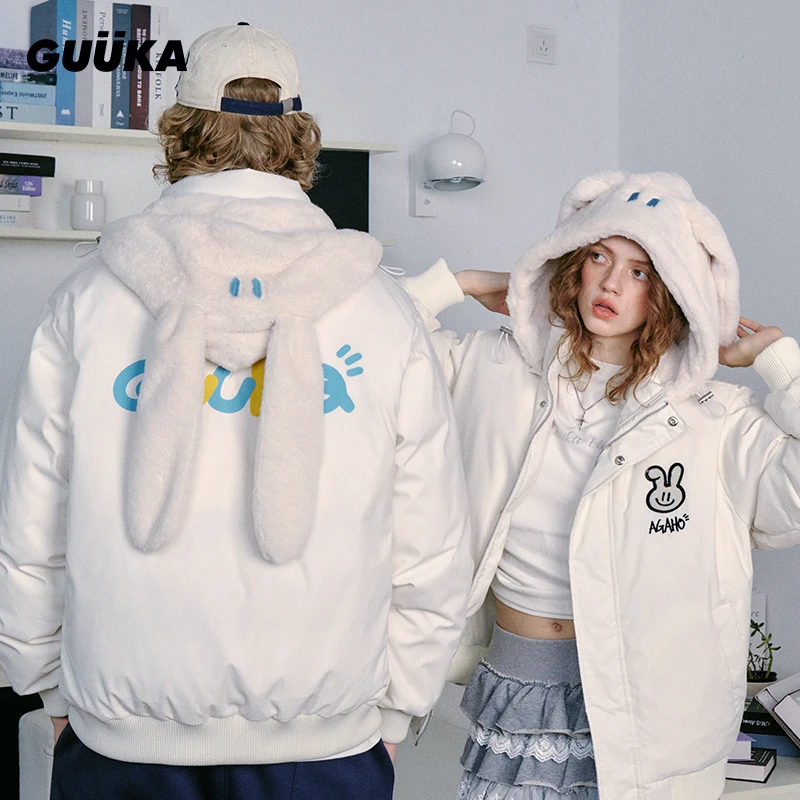 GUUKA&Agaho联名白色兔耳朵情侣羽绒服男冬季加厚 保暖外套女宽松