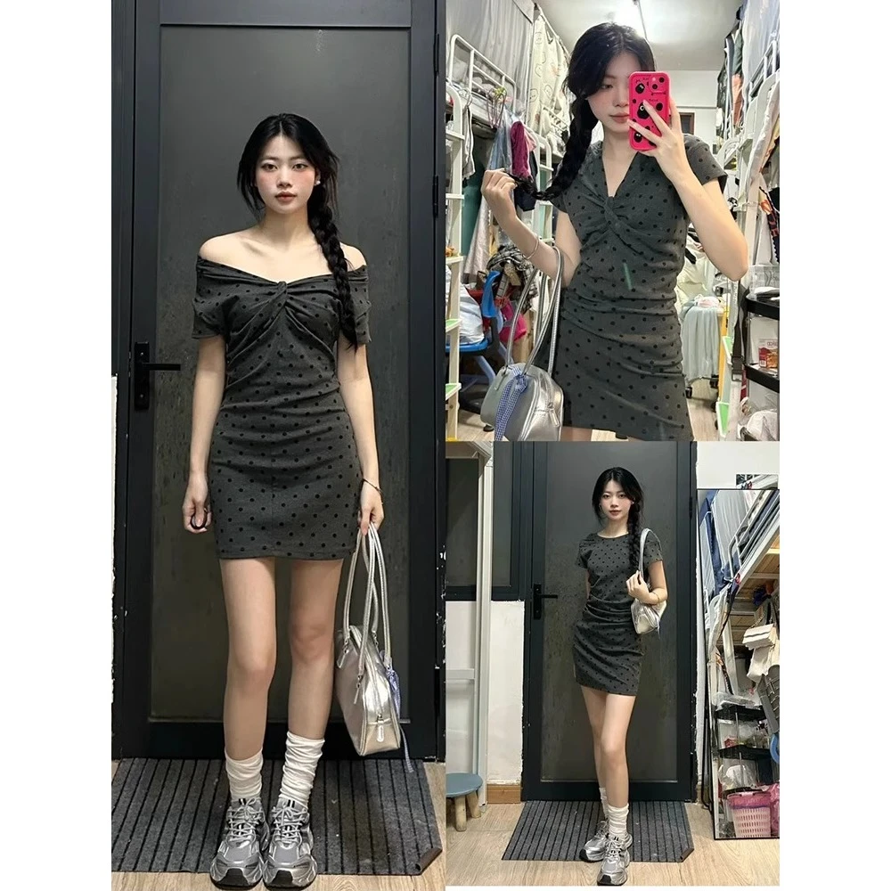灰色波点一字肩连衣裙2024新款女夏小个子包臀裙显瘦尤莱特短裙