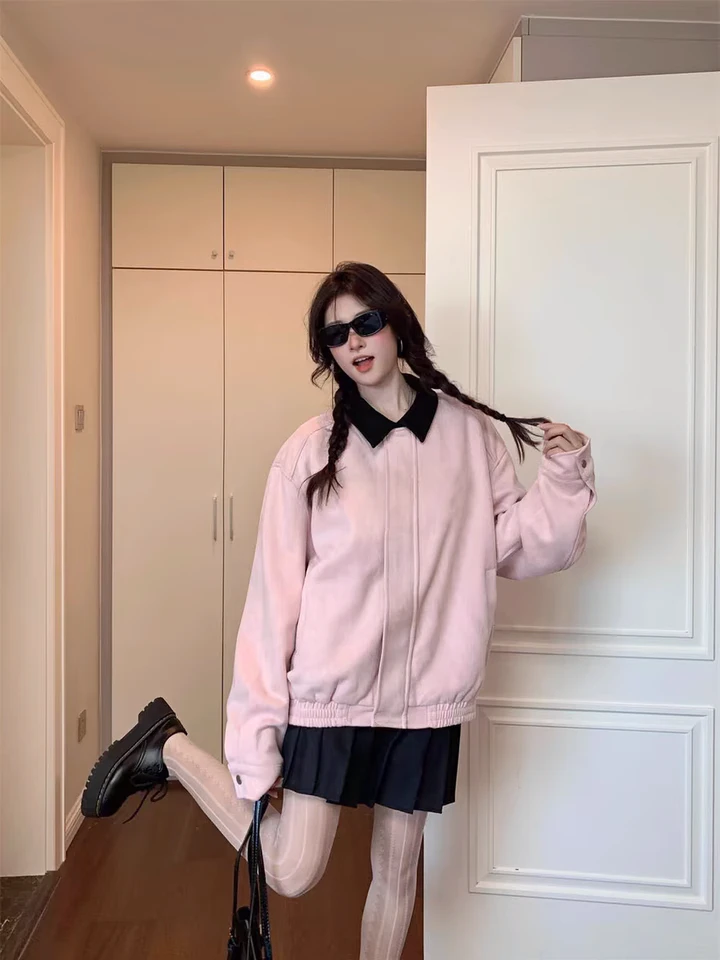 粉色外套女小香风棒球服秋冬季chic短款韩系穿搭美式翻领宽松